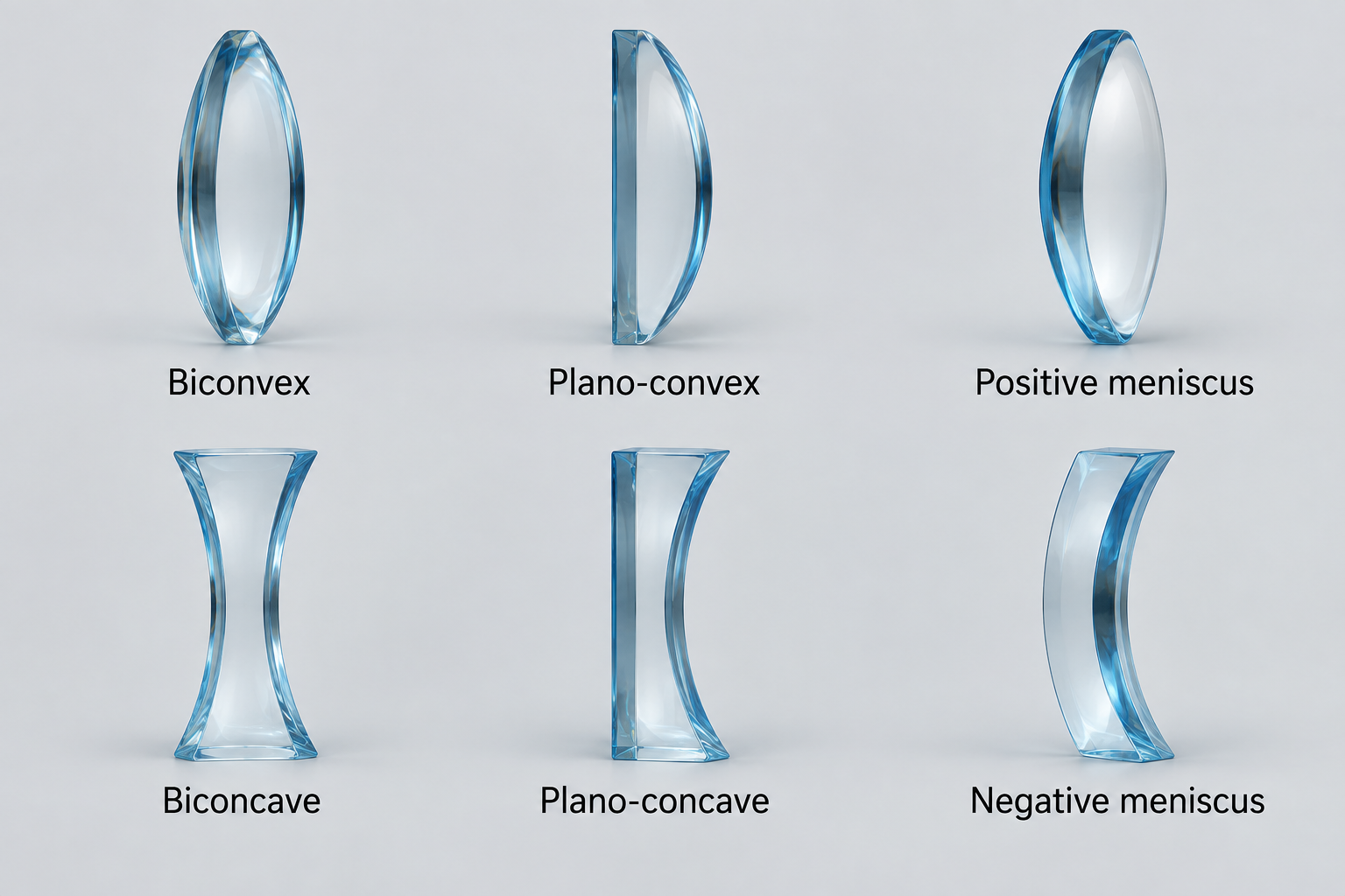Photographic-style illustration comparing biconvex, plano-convex, positive meniscus, biconcave, plano-concave, and negative meniscus lens shapes